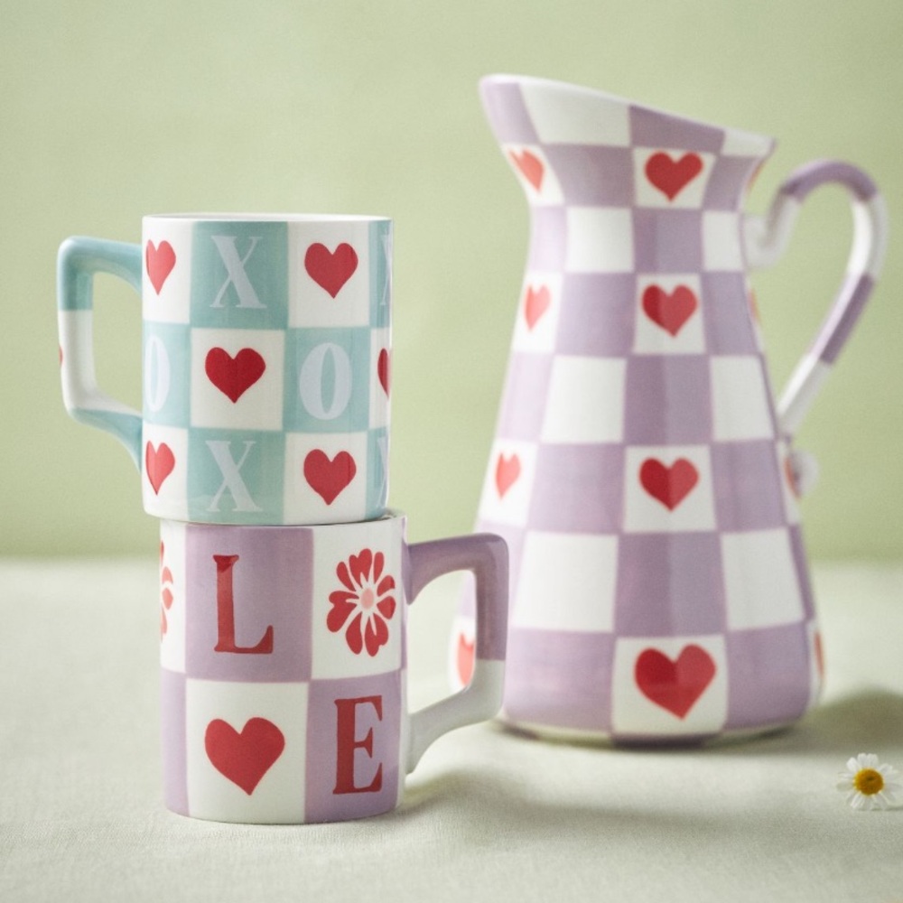 Anthropologie Checkered Mug with Red Hearts & Mint Handle
